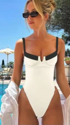 Costume intero con scollo a V e profili a contrasto